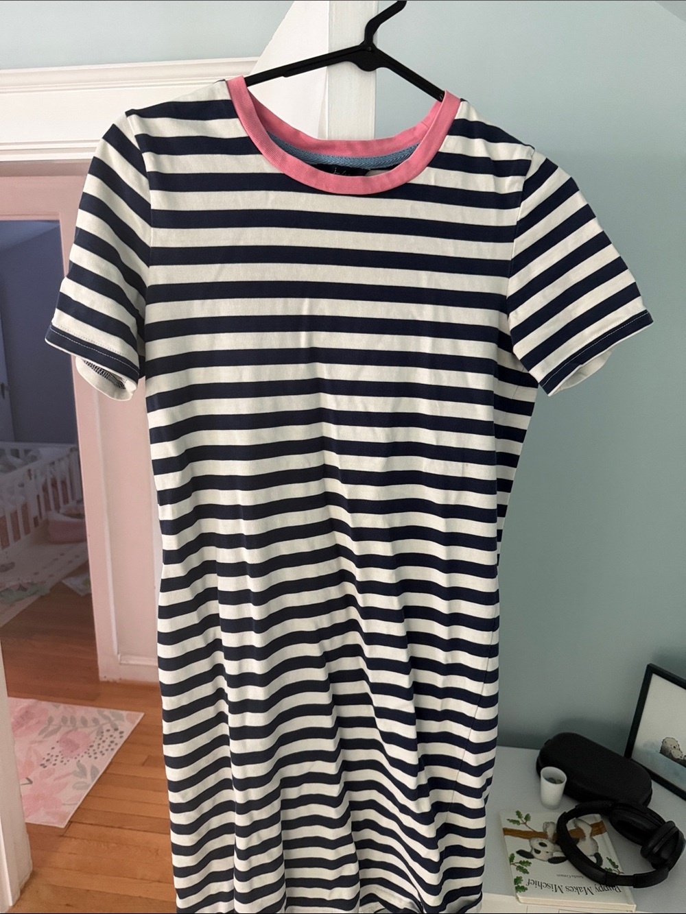 Joules Navy & White Striped Casual Dress with Pink Rib Neck Small